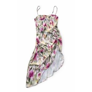 NWT CIDER Women’s Asymmetrical Satin Midi Dress L Purple Green Floral Ruched